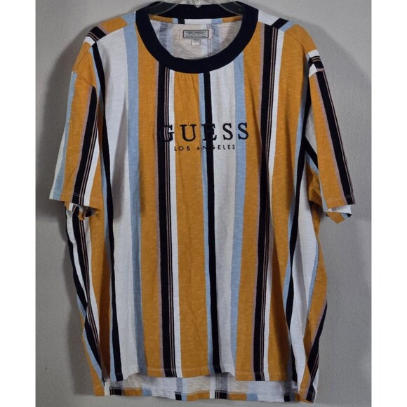 Guess Los Angeles T Shirt Mens Large Mustard Blue White Vertical Stripe Crewneck - Picture 1 of 6